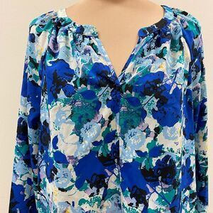 Daisy Fuentes Blue Floral Open Neck‎ Long Sleeve Tunic Blouse Top